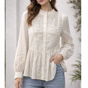 ANTHROPOLOGIE Embroidered Mockneck Buttondown Floreat Ivory Top Size 0